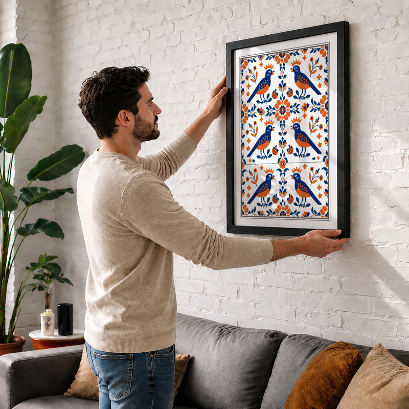 Symmetrical Bird Pattern Art Deco - Framed Print, A2 - 59.4 x 42.0 cm, Oak