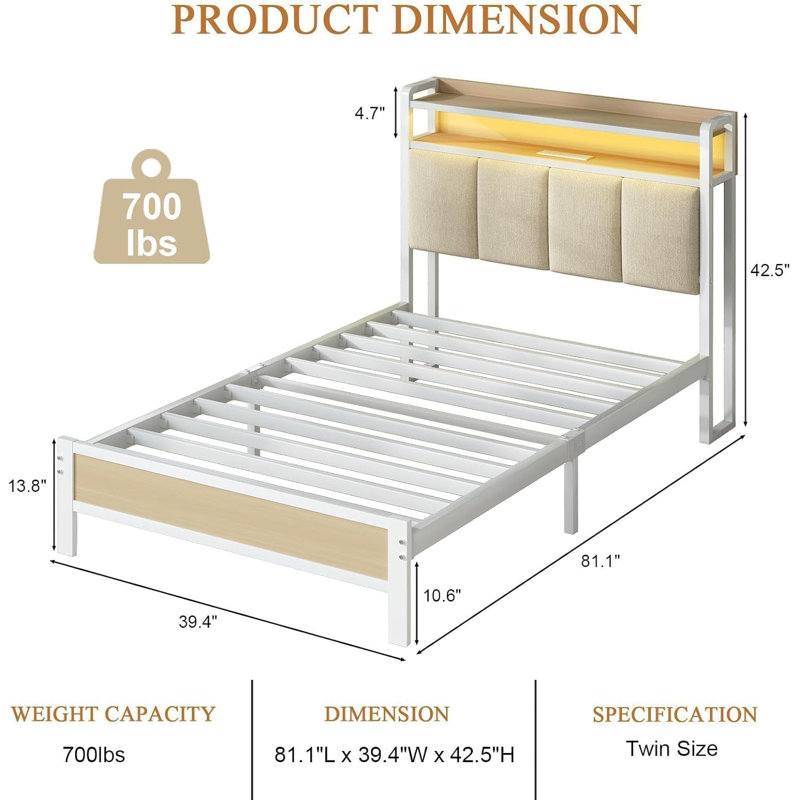 Bed Frame with Storage Headboard, Upholstered Platform Bed with Charging Station and LED Lights, Heavy Duty Metal Slats, Twin
