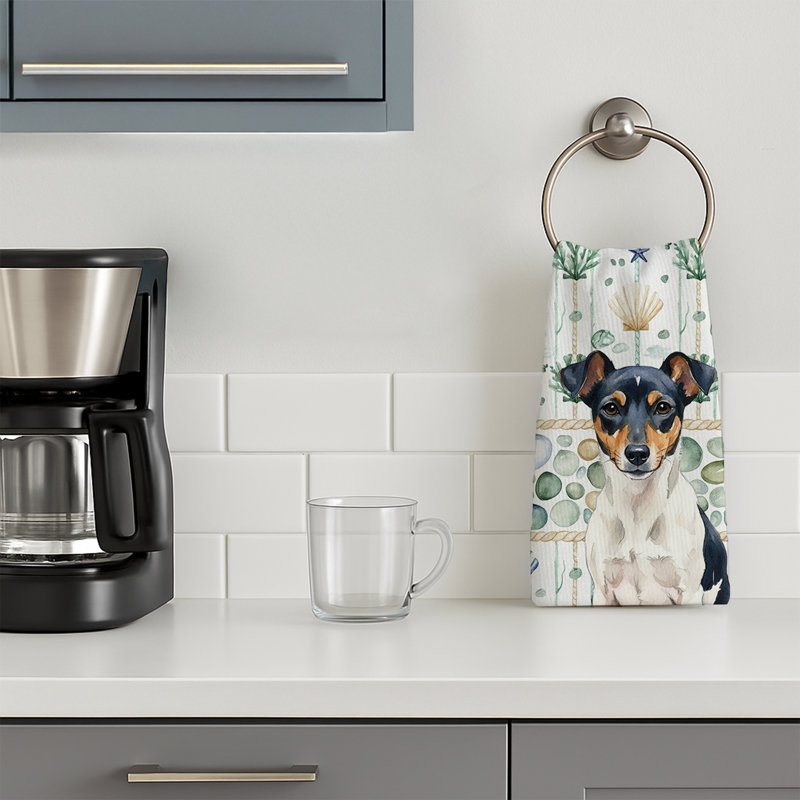 Tricolor Rat Terrier Coastal Sea Glass Kitchen Towel, Tricolor Rat Terrier