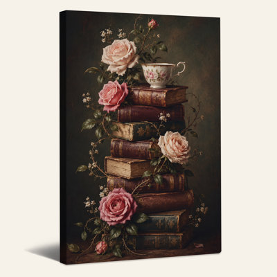 Pile de livres antiques et roses roses avec tasse de thé, art mural d'Halloween
