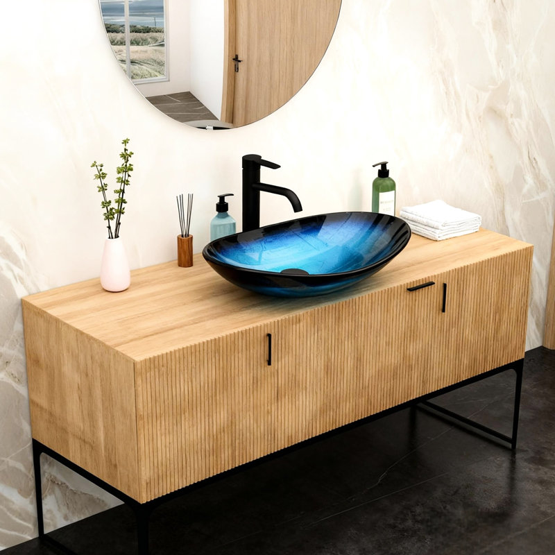Lavabo de salle de bain artistique, vasque en verre trempé bleu, bonde escamotable, évier en forme de bateau au-dessus du comptoir, vasque à surface facile à nettoyer: verre, pour les rénovations à petit budget
