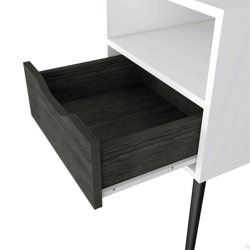 Table de chevet Fugaz, tablette ouverte, tiroir simple, Blanc / Gris