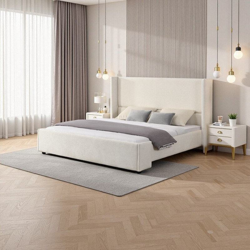 King Upholstered Wingback Platform Bed – Soft-Touch Fabric & Timeless Design