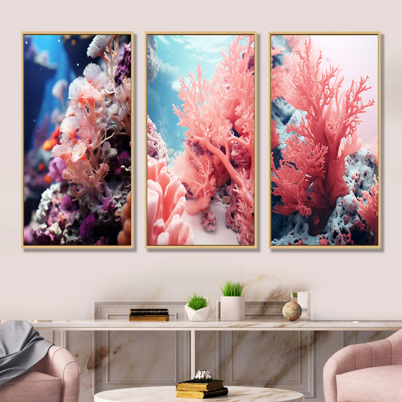 Rose corail et anémones dansantes, H 32 po x l 48 po, Cadre flottant brun
