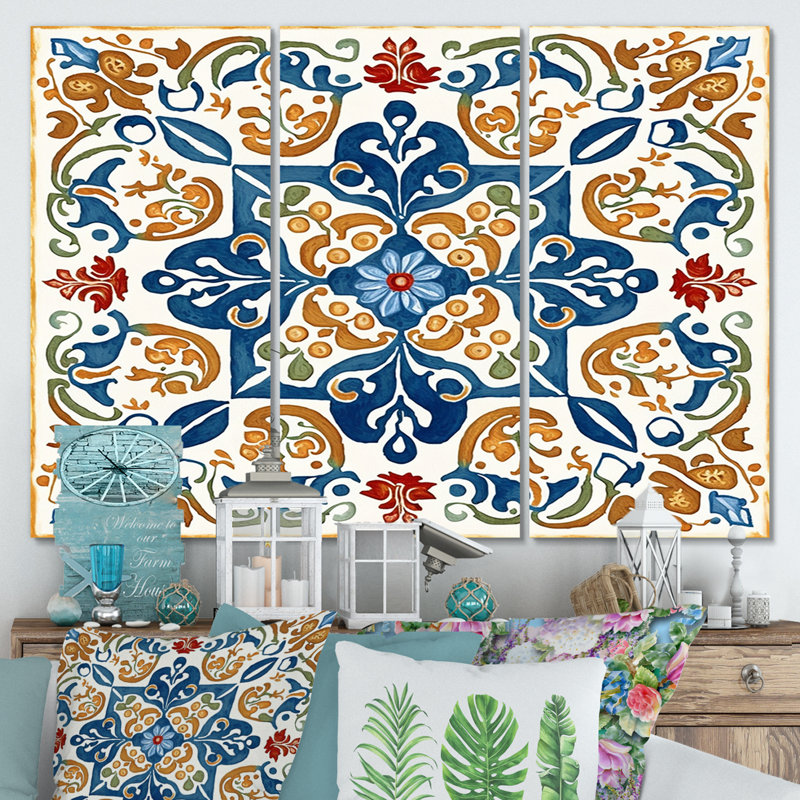 «Méditerranée Tiles in Retro Blue VII», reproduction sur toile 3 pièces, H 28 po x l 36 po x P 1 po, Toile tendue