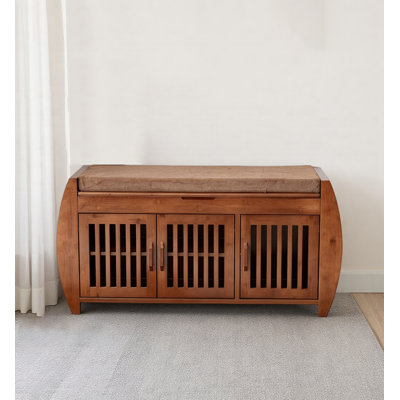 Banc à chaussures rustique en bambou avec siège rembourré et portes à lattes ventilées