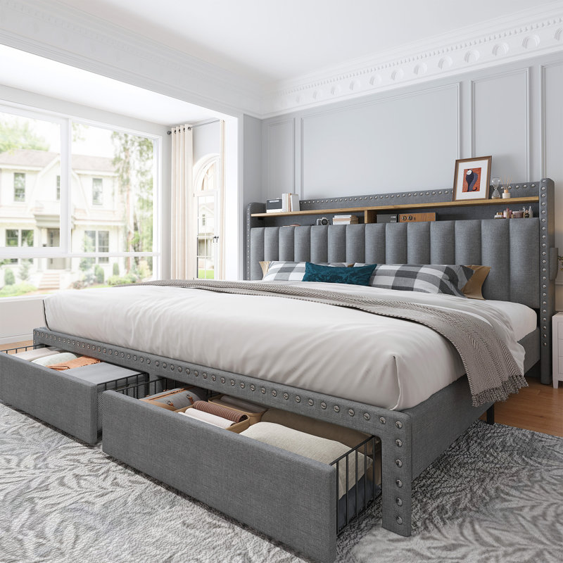 Francille Upholstered Bed Frame with Headboard，Storage Bed with 2 Drawers