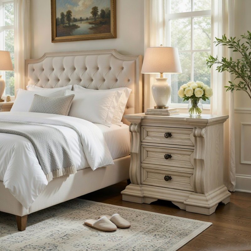 Bryl Oversize Nightstand, 3 Drawers With Bronze Knobs, Antique White