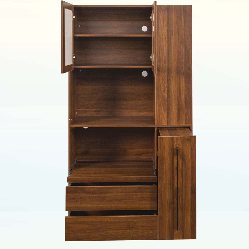 Armoire de cuisine avec étagère de rangement à plusieurs niveaux, 2 tiroirs et porte vitrée