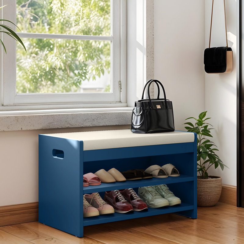 6 Pair PU Shoe Bench With Handle, Blue/Beige