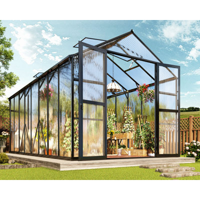 AMERLIFE Chalet Greenhouse 12x10x8 FT with Quick-Connect Fittings, Greenhouses for outdoors Garden Backyard with 2 Vents, Walk-in Aluminum Greenhouse with 2 Hinged Doors, Black