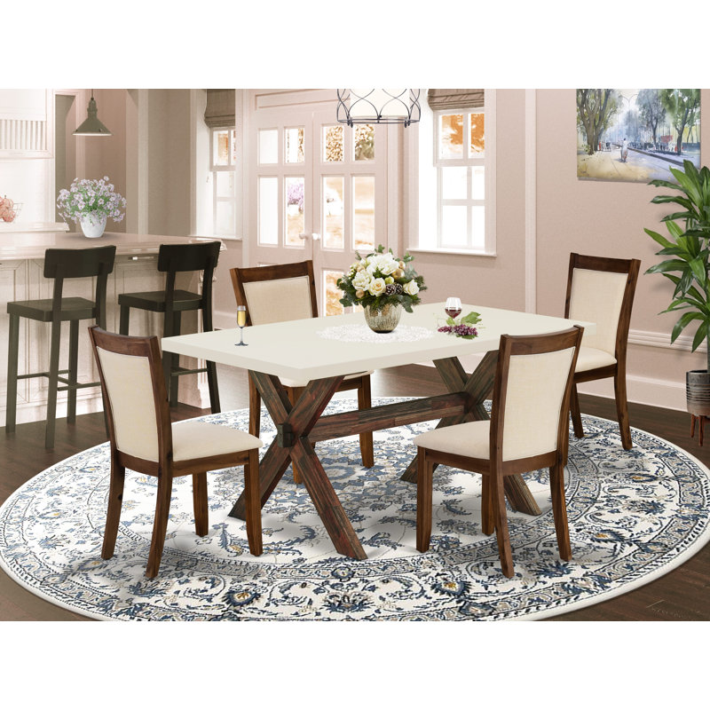 Solid Wood Top Dining Table with Upholstered Chairs with Lattice Back, 5 Pieces: Table, 4 Chairs, Off-White