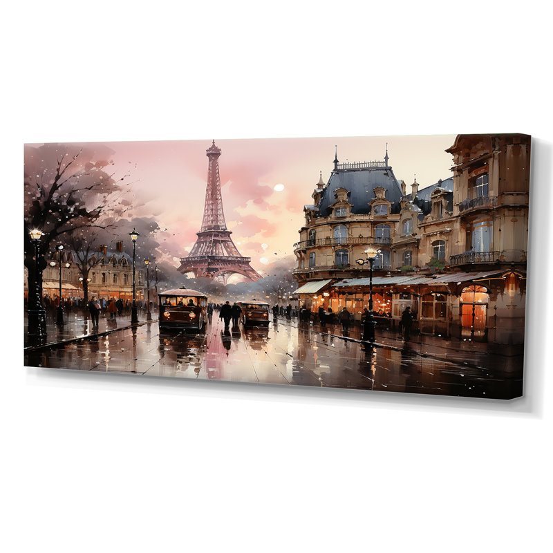 «Pink Twilight Rendezvous In Paris I», art mural de Paris pour le salon, H 28 po x l 60 po, Wrapped Canvas, Toile tendue