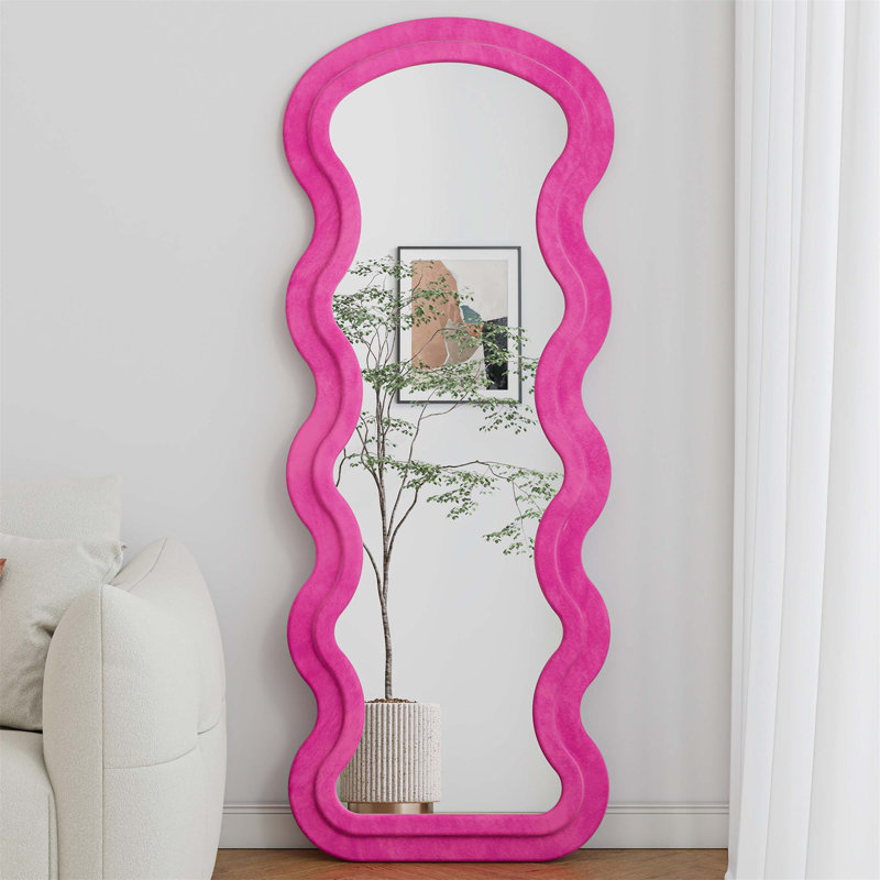 Flannel Full Length Wavy Rose Floor Mirror With Stand For Bedroom And Living Room, Hanging Or Leaning Against The Wall, Rose