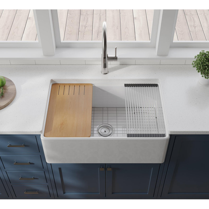 Évier de cuisine Fireclay Workstation Farmhouse (L 30 po x l 20 po) - avec accessoires, résistant à la chaleur et facile à nettoyer