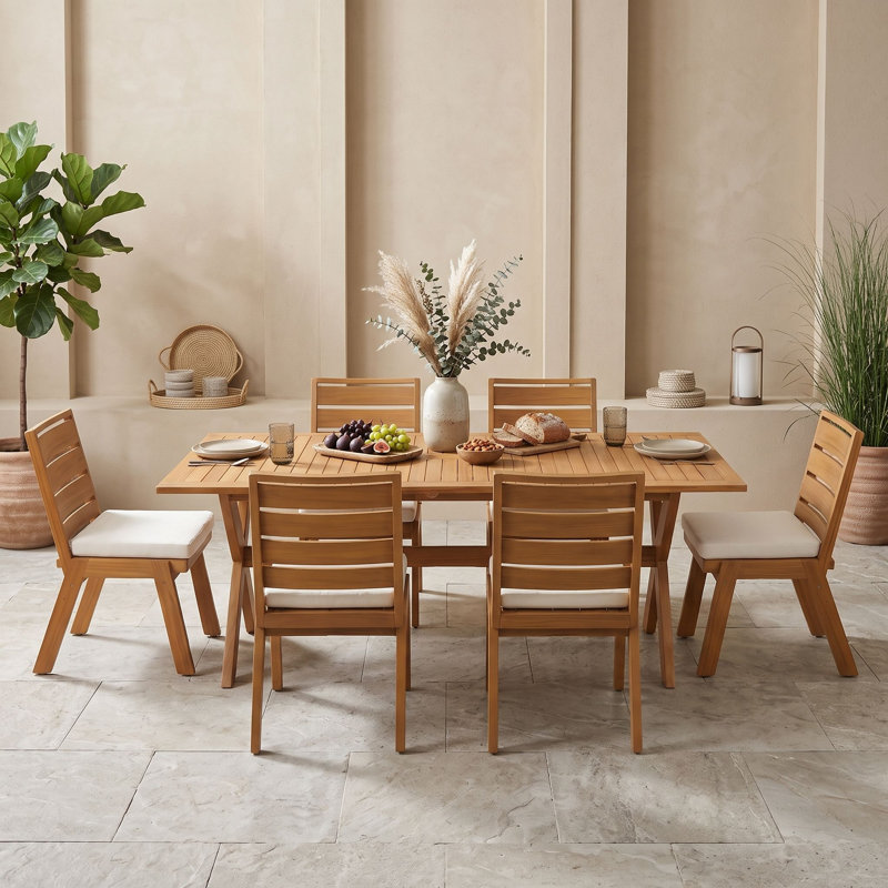 Ensemble de salle à manger d'extérieur 7 pièces en bois d'acacia avec table extensible et 6 chaises rembourrées