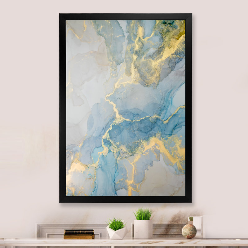 «Luxury Turquoise Grey Marbré Flow Art», reproduction sur toile, H 32 po x l 16 po x P 1 po, Toile avec cadre photo noir