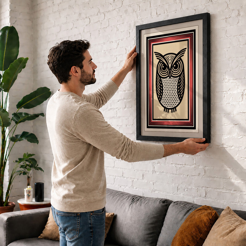 Geometric Owl Art Deco - Framed Print, A1 - 84.1 x 59.4 cm, Black