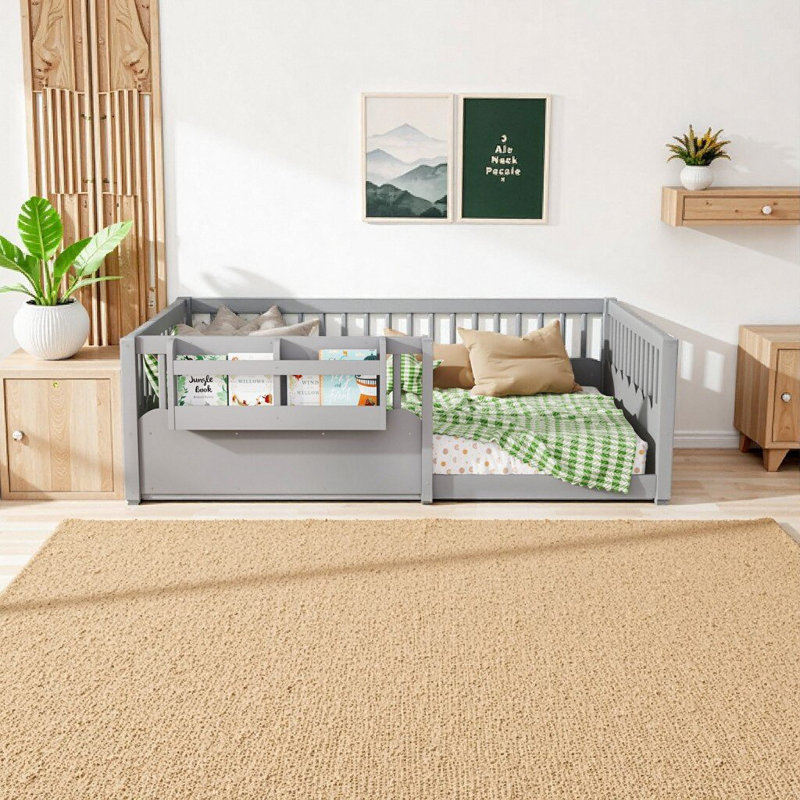 Lit double Montessori avec rails de sécurité et bibliothèque - gris, Gris