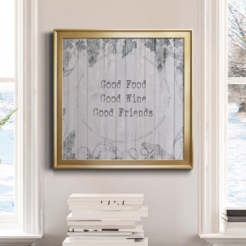 Good Food, Wine Friends - Reproduction d'art textuel sur toile encadrée, H 34,5 po x l 34,5 po x P 1,5 po, Or