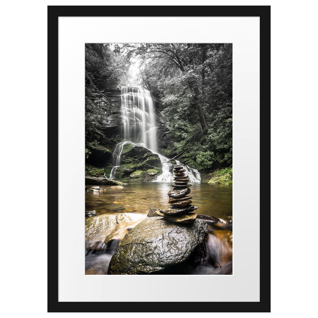 Gerahmtes Poster Zen Steine vor Wasserfall