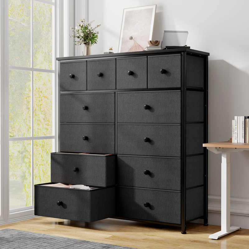 Commode pour la chambre Pekka avec 12 tiroirs de rangement spacieux, commodes avec plateau en bois et structure en métal