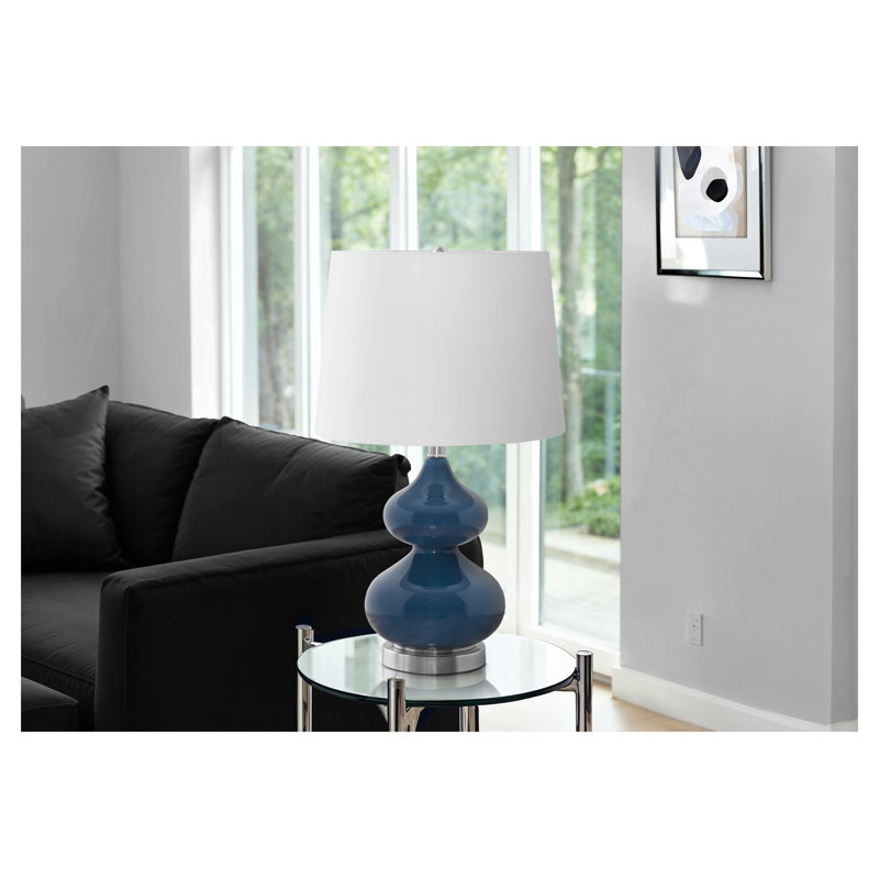 Lampe de table 24 "en verre trempé bleu avec abat-jour en tissu ivoire et base argentée