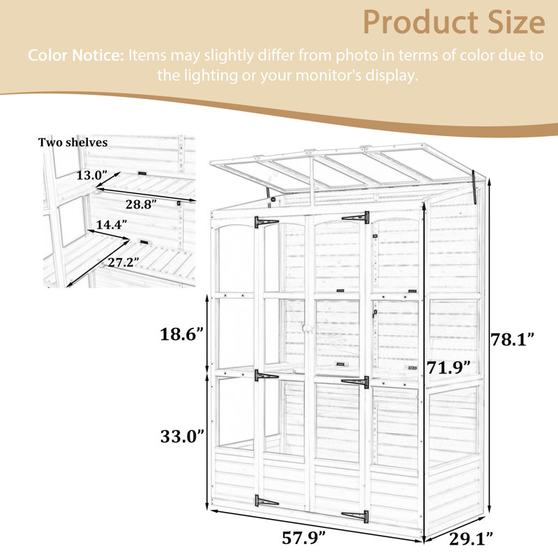 Outdoor 78-Inch Wooden Walk-In Greenhouse Cold Frame With 4 Independent Skylights And 2 Folding Middle Shelves,Anti-Fall Protection,Easy To Assembly