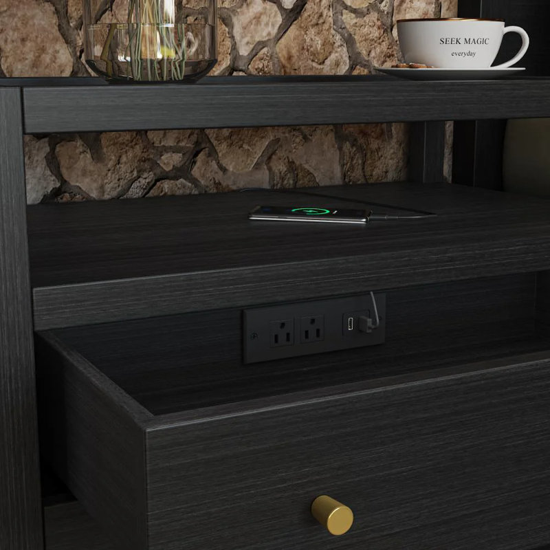 Double-Drawer Charging Nightstand With Streamlined Bullet Handles, Black