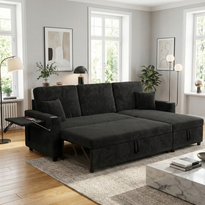 83.5" Wide Corduroy Reversible Sleeper Sectional with Storage Chaise & USB Ports, Black