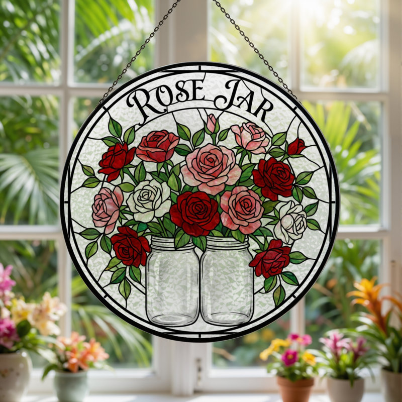 7.8"H Rose Jar Stained Glass Window Panel