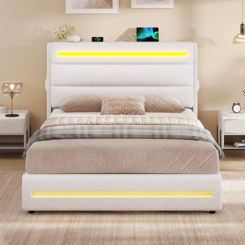 Double Bed Frame With Charging Station & Led Lights, Upholstered Platform Bed Frame With Gas End Lift & Under Hydraulic Storage,  No Box Spring Needed, Linen White