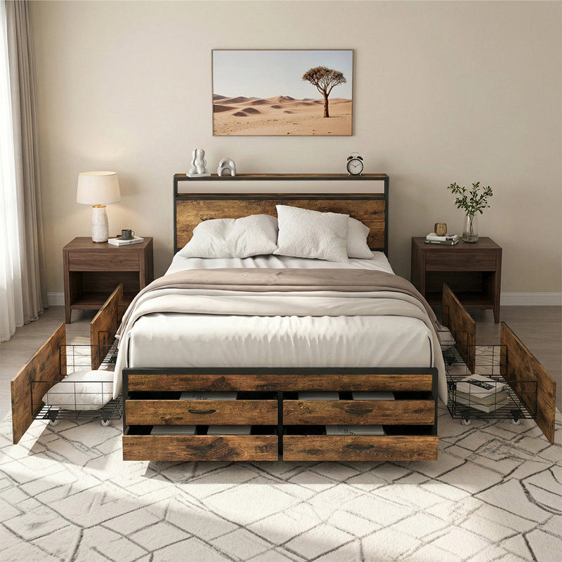 Metal Platform Bed Frame  with 8 Storage Drawers, LED Light Headboard & USB Charging Station, Heavy Duty Steel Slat Support,  No Box Spring Needed Bedroom Bed Frame