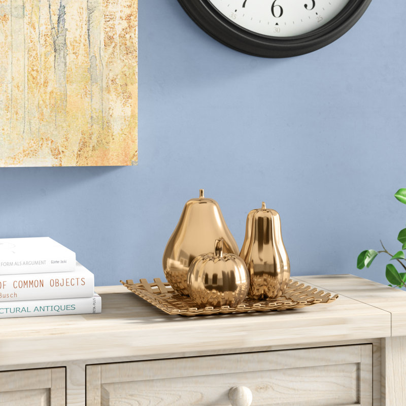 Benito Ceramic Pear, Pumpkin, and Squash Fruit Decorative Sculpture with Decorative Grid Plate Set, Gold