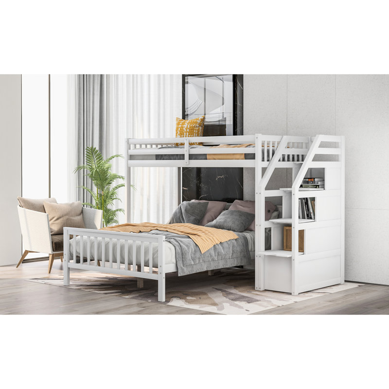 Lit mezzanine simple au-dessus d'un lit double avec escalier - rangement supplémentaire, grand compartiment de rangement blanc, gardez votre chambre bien rangée