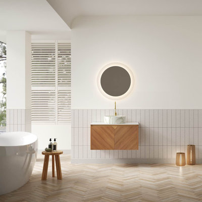 Meuble-lavabo de salle de bain 30 po Ruben, armoire de rangement flottante en contreplaqué, portes doubles en sergé avec garniture en métal, lavabo rond en céramique blanche à motif pierre mat et plateau en pierre frittée, grain de bois de chêne brun