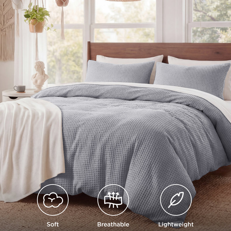 Essential Collection 100% Cotton Waffle Weave Duvet Cover Set, Gray, King Duvet Cover + 2 King Shams