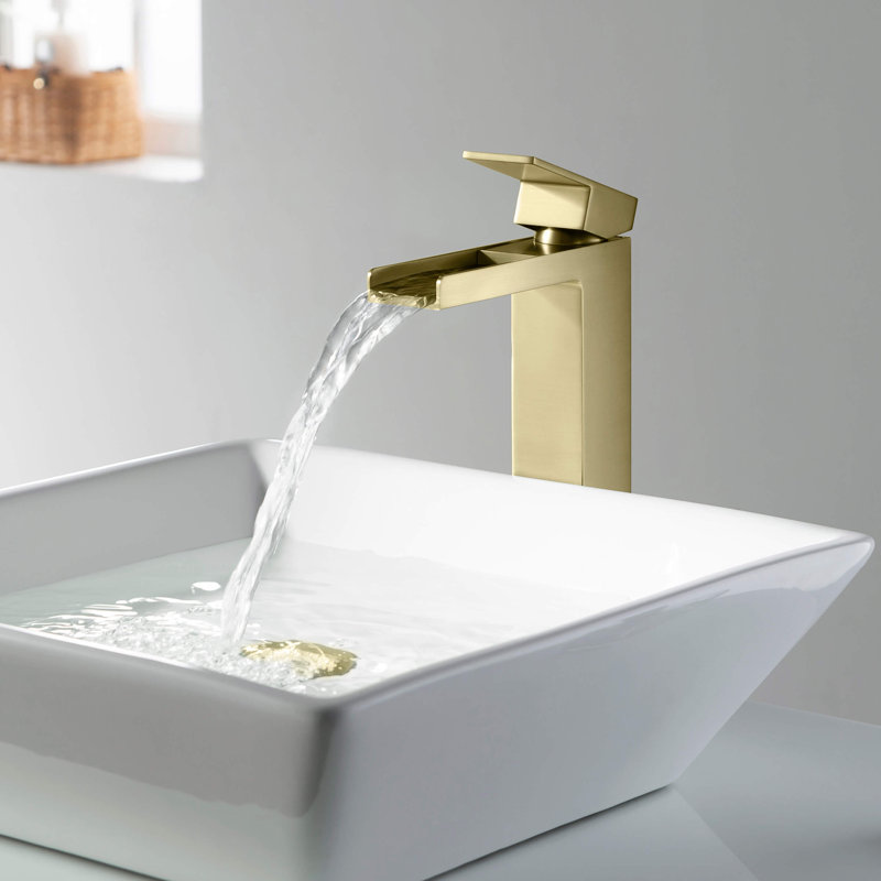 Waterfall Vessel Sink Faucet Single-handle Bathroom Faucet with Drain Assembly, Brush Gold, With Drain Assembly