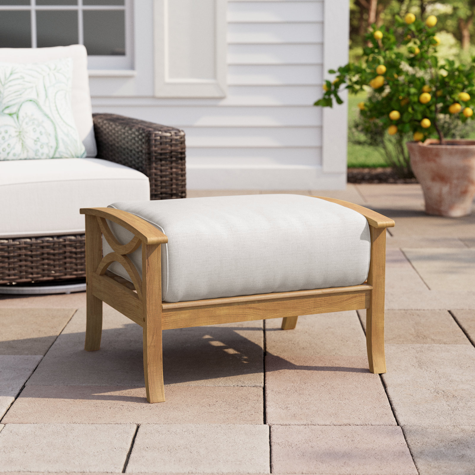 Brunswick Outdoor Teak Ottoman with Cushion, Beige, Natural