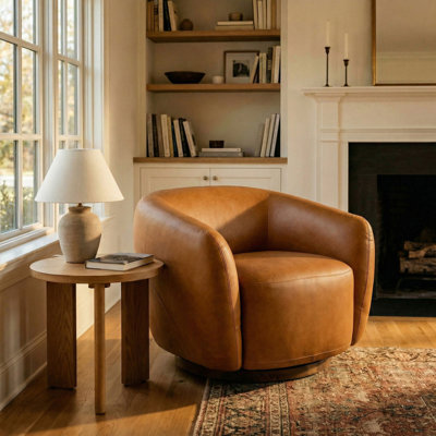 Genuine Italian Leather Swivel Barrel Accent Chair with Wood Base, Fully Assembled