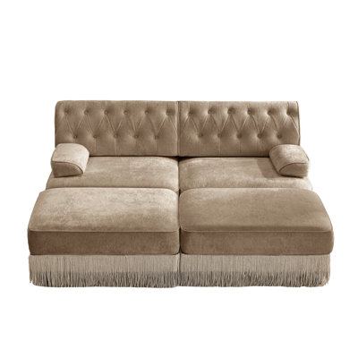 Camel Velvet Modular Chesterfield Sectional Sofa with 2 Ottomans, Tufted Tassel Skirt Living Room Set