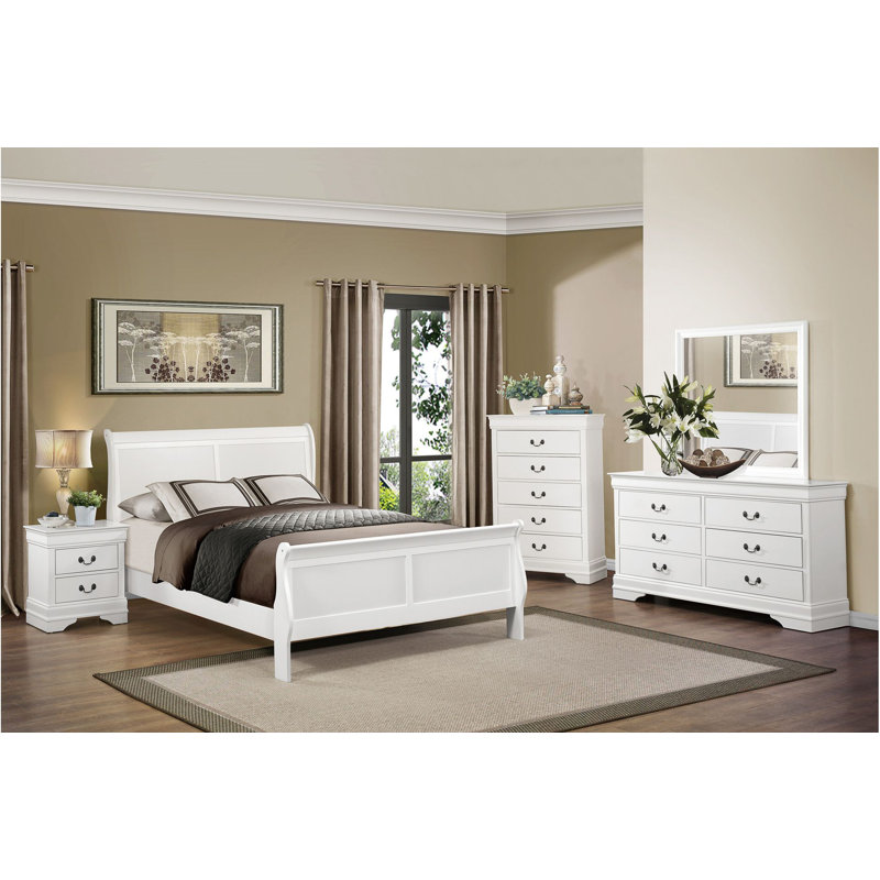 Ensemble de chambre à coucher à panneaux Brummett, Blanc, Simple, 4 Pcs: Bed, Nightstand, Dresser, Mirror