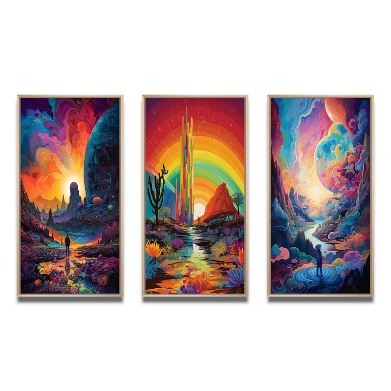 «Mysterious Rainbow Vision Landscape III», 3 pièces sur toile, Cadre naturel flottant, H 20 po x l 36 po