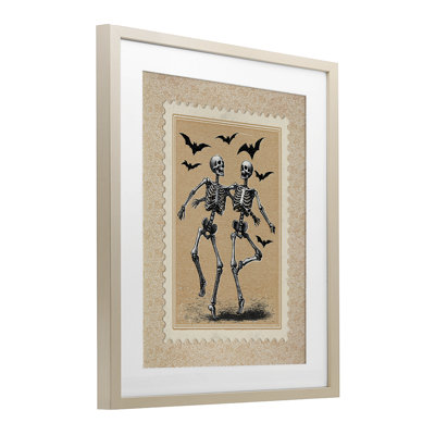 «Vintage Dancing Skeletons Stamp», reproduction sous verre encadrée, design par Arlington Prints