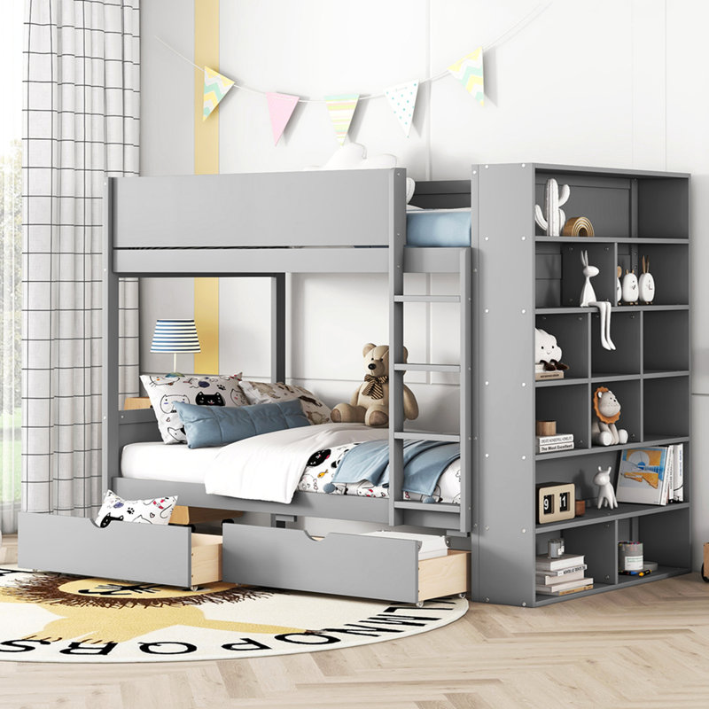 Twin over Twin Bunk Bed With 2 Drawers and Multi-layer Cabinet, Gray, Gray