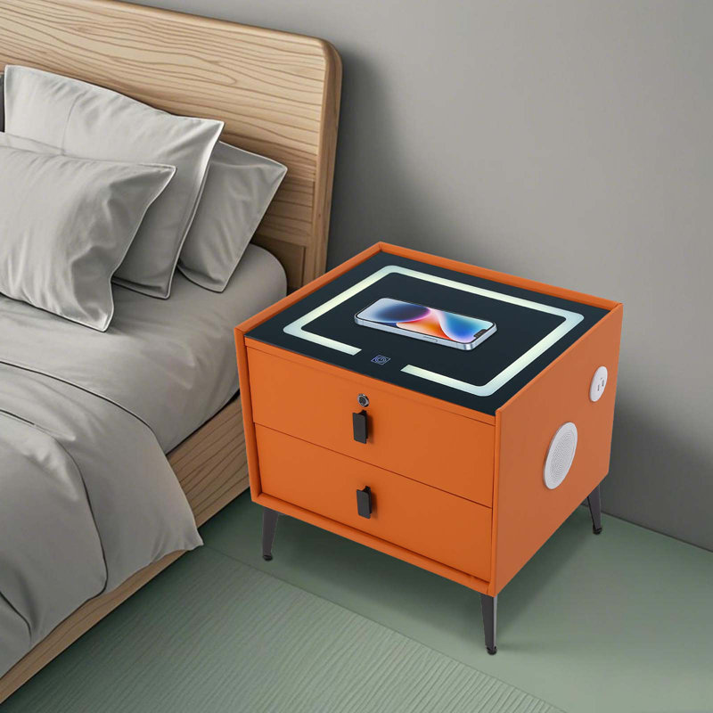 Smart Bedside Table with 2 Drawers, Bluetooth Speaker, Wireless Charging Station, USB Ports, LED Light and Fingerprint Lock, Modern Nightstand 19.70" W x 15.75" D x 18.11" H