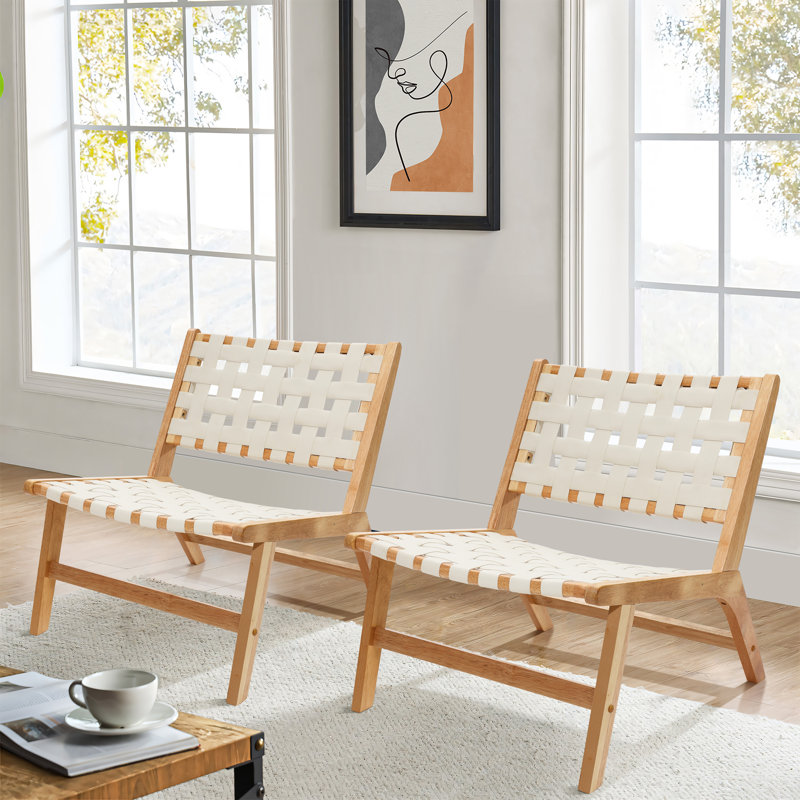 Hripsik Solid Wood and PU Leather Woven Armless Accent Chair, Set of 2
