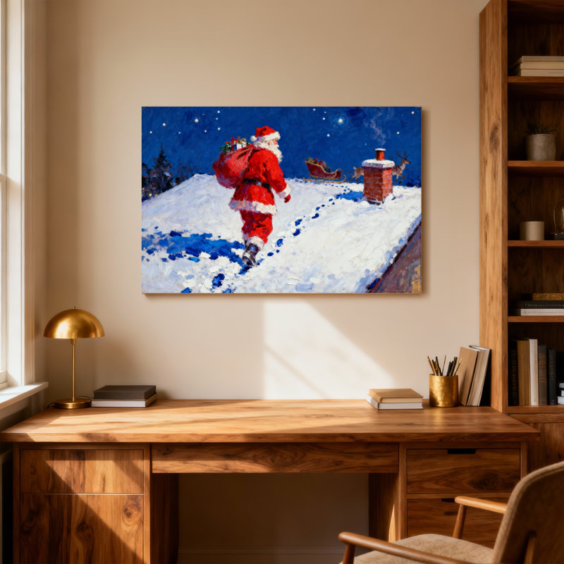 Noël père Noël marchant sur un toit enneigé la nuit, H 12 po x l 18 po