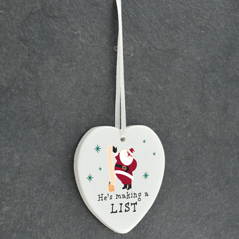 Xmas He's Making A List Heart Shaped Ornament
