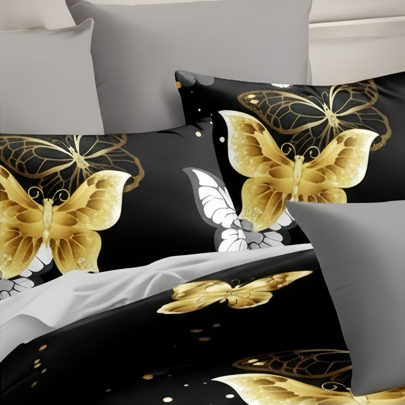 Twin Size 9-Piece Black & Gold Butterfly Bedding & Curtain Set - Quilted Microfiber Bedspread + Sheer Drapes
